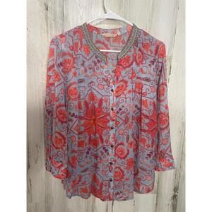 Soft Surroundings Bluesette Blouse Missy Blue/Orange Embroidered‎ size M Paisley